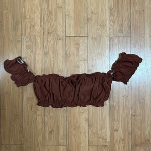 LA Hearts ruffled off the shoulder, dark brown swimsuit top